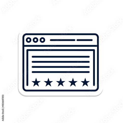 Minimalist flat vector art icon representing a web browser window displaying text content and a five-star rating system with blue teal and yellow accents on a black background
