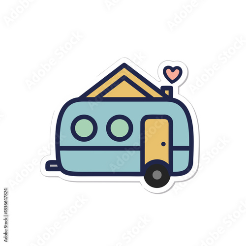 Minimalist Flat Vector Art of a Blue Camper Trailer with Yellow Accents and a Pink Heart on a Chimney