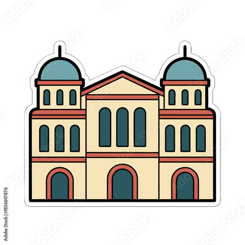 Wallpaper Mural Minimalist Flat Vector Art of a Cream Colored Building with Teal Domes and Arched Windows and Doors Against a Black Background Simple Sticker Style Design Torontodigital.ca