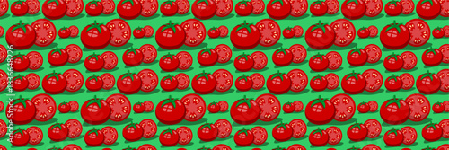 A vibrant vector illustration showcasing a seamless pattern of fresh red tomatoes and slices on a soft pink background.