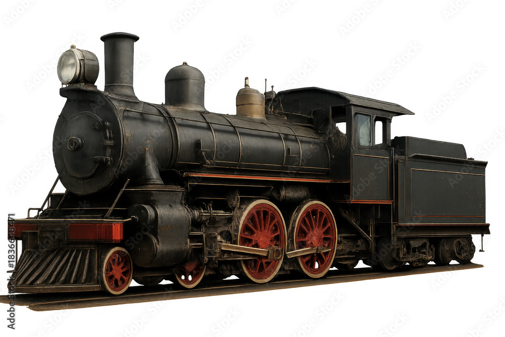 Naklejka premium Historic steam engine train moving along railway tracks, presenting old-fashioned transport technology and power, isolated on transparent background