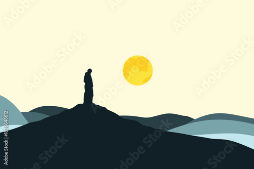 Lonely person standing on mountain hill at sunrise minimal landscape, modern flat vector illustration symbolizing solitude, reflection, travel adventure and freedom under bright yellow sun.