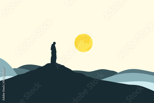 Lonely person standing on mountain hill at sunrise minimal landscape, modern flat vector illustration symbolizing solitude, reflection, travel adventure and freedom under bright yellow sun.