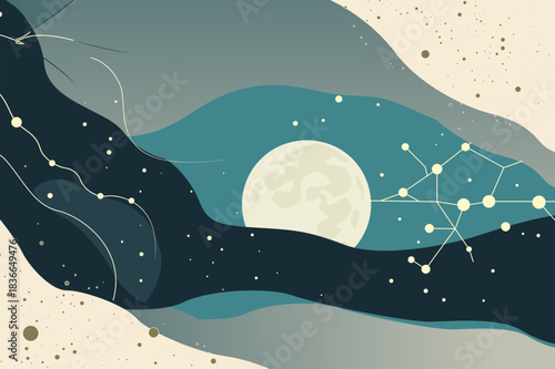 Abstract night sky landscape with full moon, flowing shapes, stars and constellations, modern flat vector illustration symbolizing cosmos, astrology, dreams and imagination in teal and cream tones.