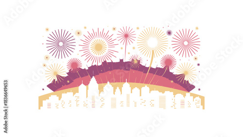Vibrant abstract cityscape silhouette with colorful fireworks exploding above a glowing bridge at night