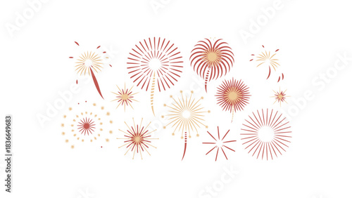 Collection of vibrant red and golden fireworks exploding in a dazzling display against a clean white background