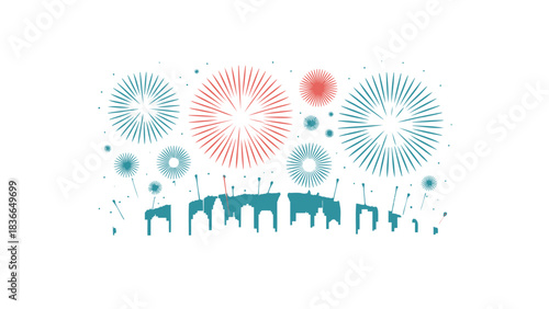 Vibrant abstract fireworks explode in a festive display of red and green over a silhouetted cityscape at night