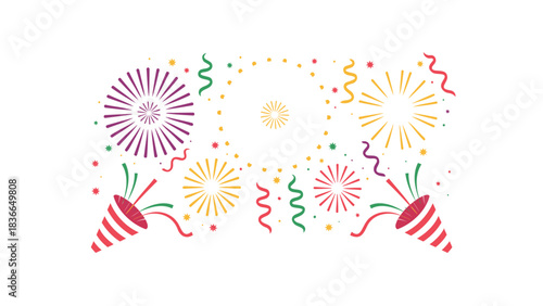Colorful exploding fireworks and confetti streamers bursting from party poppers celebrating a festive occasion