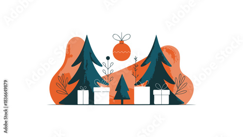 Whimsical abstract illustration of two stylized evergreen trees flanking a small pine with a vibrant orange abstract background and a carrot motif