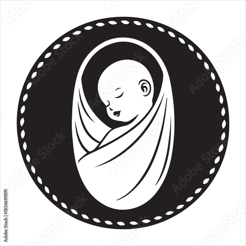 newborn baby silhouette, sleeping infant wrapped in blanket, tender motherhood emblem, peaceful baby illustration, nursery and parenting design