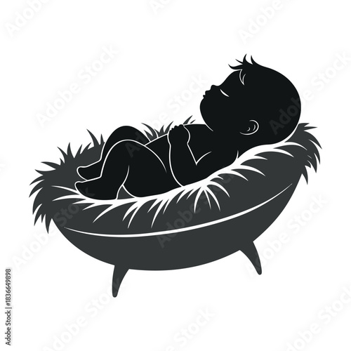 Newborn Baby in Manger Silhouette, Nativity Scene Illustration, Peaceful Christmas Infant Art, Holy Night Design, Quiet Religious Symbol