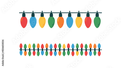 Festive string of colorful christmas lights in a row creating a vibrant holiday decoration for celebrations