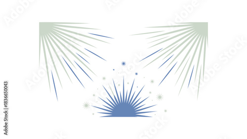 Abstract symmetrical burst of light rays emanating from a central point in blue and green hues against a white background