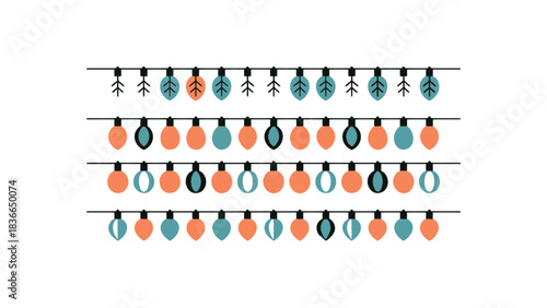 Festive string lights with retro bulb shapes in teal orange and white for holiday decorations and celebrations