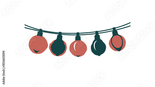 Row of vintage style red and black teardrop shaped christmas lights strung on a black wire for festive holiday decoration
