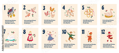 Set of the Twelve Days of Christmas, featuring charming holiday characters, birds, rings, musicians, and traditional imagery in a warm, vintage style. Vector art.