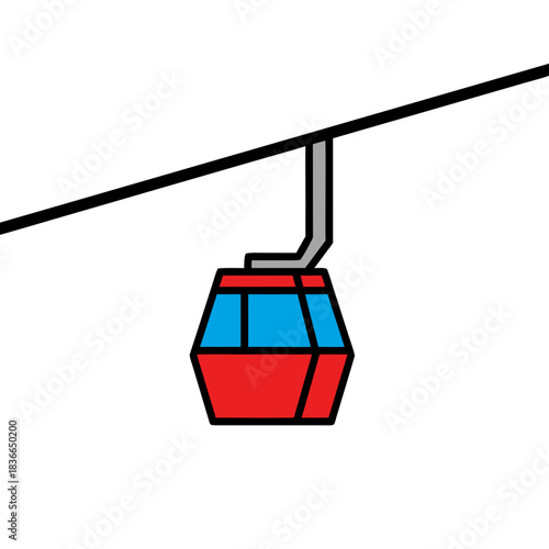 Minimalist Red and Blue Cable Car Gondola Frontal View Flat Vector Art Sticker Style Clean 2D Design
