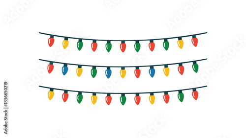 Three strings of colorful christmas lights strung together on black wires against a white background