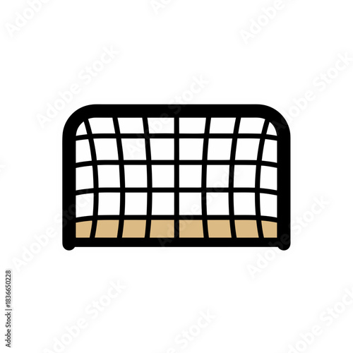 Minimalist soccer goal illustration in flat vector art style on a pure white background with a clean sticker design and a simple tan ground element representing a sports field
