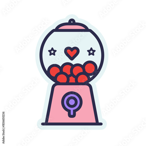 Minimalist Sticker Art of a Pink Gumball Machine Filled with Red Gumballs Decorated with Stars and a Heart Icon on a Black Background