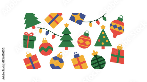 Festive collection of colorful christmas tree ornaments wrapped presents and string lights on a white background