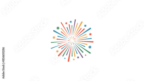 Vibrant burst of colorful abstract fireworks exploding outwards on a clean white background for celebration and festive occasions