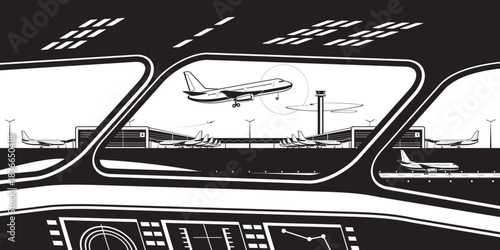 View to airport terminals from the cockpit of the plane  – vector illustration