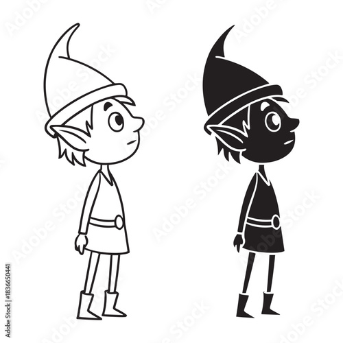 cute christmas elf silhouette, holiday cartoon elf outline, festive fantasy character clipart, adorable winter elf illustration, kids holiday artwork