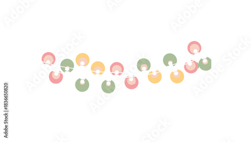 A whimsical curved string of colorful translucent spherical beads in pastel shades against a clean white background