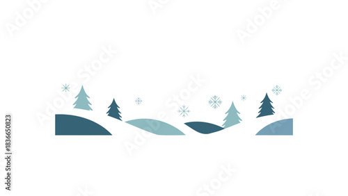 Abstract minimalist winter landscape with stylized evergreen trees and rolling snow covered hills in cool blue and green tones