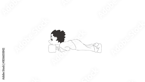 Minimalist line art illustration of a person lying down reading a book with a simple black scribble for hair