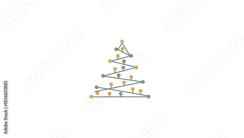 Minimalist christmas tree silhouette formed by green thread and colorful lights on white background