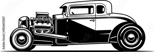 Detailed black and white illustration of a vintage hot rod car i

