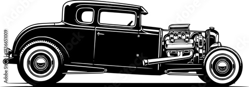 Detailed black and white illustration of a vintage hot rod car i
