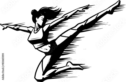 Dynamic sumi-e illustration of a woman with superhuman agility dodging
