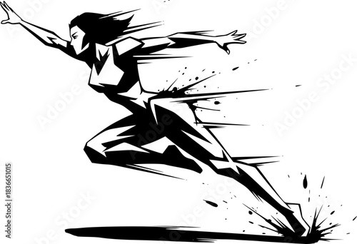 Dynamic sumi-e illustration of a woman with superhuman agility dodging
