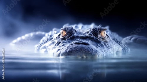 Close up of a crocodiles head emerging from water with dramatic lighting