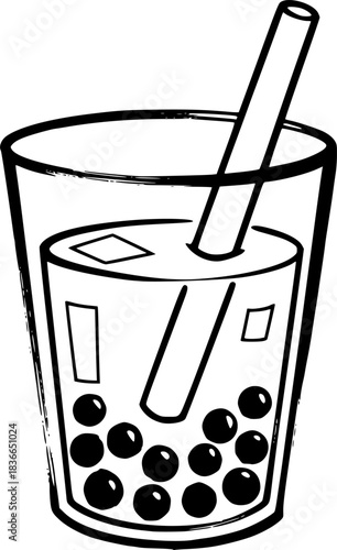 Minimalist sumi-e illustration of bubble tea with brush stroke a
