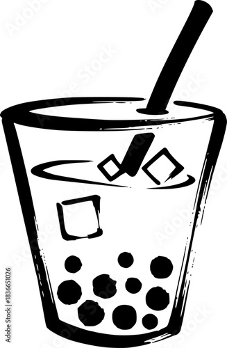 Minimalist sumi-e illustration of bubble tea with brush stroke a

