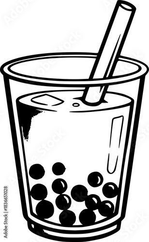 Minimalist sumi-e illustration of bubble tea with brush stroke a
