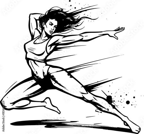 Dynamic sumi-e illustration of a woman with superhuman agility dodging
