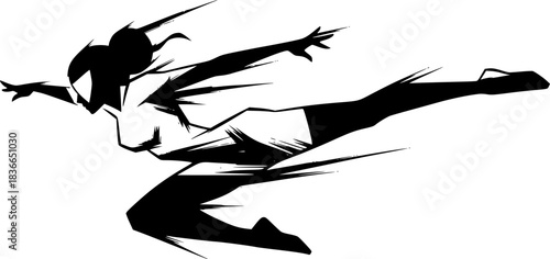 Dynamic sumi-e illustration of a woman with superhuman agility dodging
