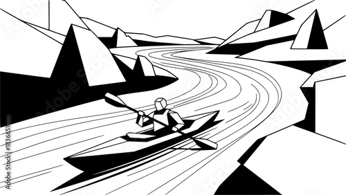 Monochrome river journey artwork: kayaking adventure in minimali
