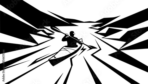 Monochrome river journey artwork: kayaking adventure in minimali
