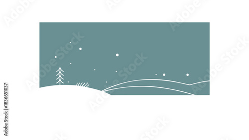 Minimalist winter landscape with falling snowflakes and a single evergreen tree on a teal background