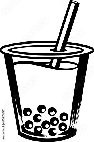 Minimalist sumi-e illustration of bubble tea with brush stroke a
