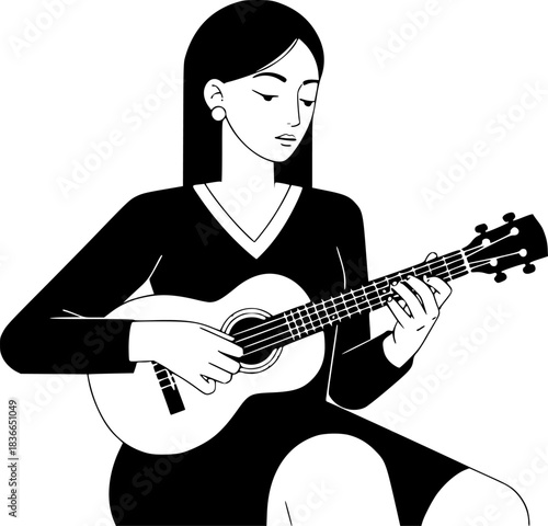 Harmonic resonance: A woman playing cuatro in a cultural black a
