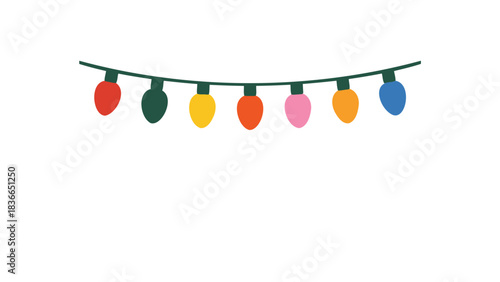 A string of colorful festive christmas lights in red green yellow pink and blue hanging on a black wire against a white background