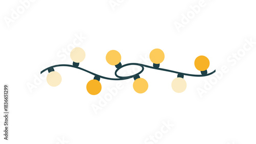A string of warm yellow and white christmas lights illuminated on a black wire against a white background