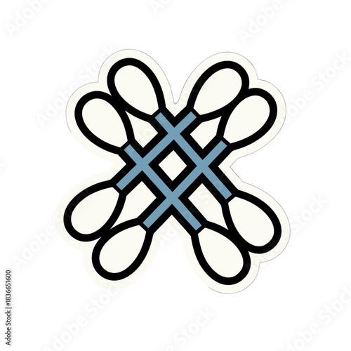 Minimalist Vector Art Sticker of Four Crossed Cotton Swabs with Blue Grid Center on Pure White Background Ideal for Cleanliness and Hygiene Themes